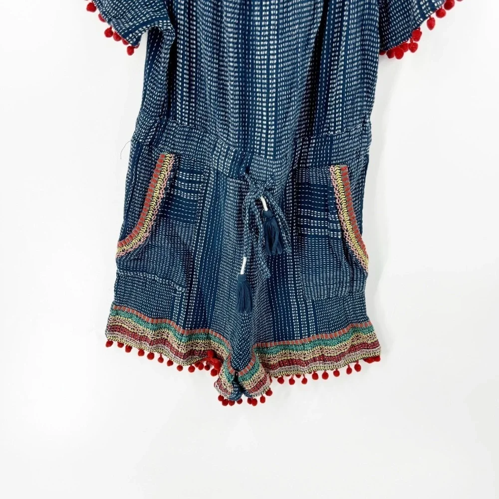 ✅ THML BLUE Romper with‎ COLORFUL Pompon Size SMALL ON/OFF SHOULDER BOHO - Picture 4 of 4